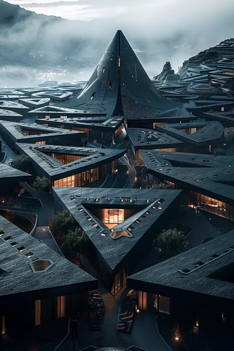 This may contain: an artistic rendering of a futuristic city with mountains in the background