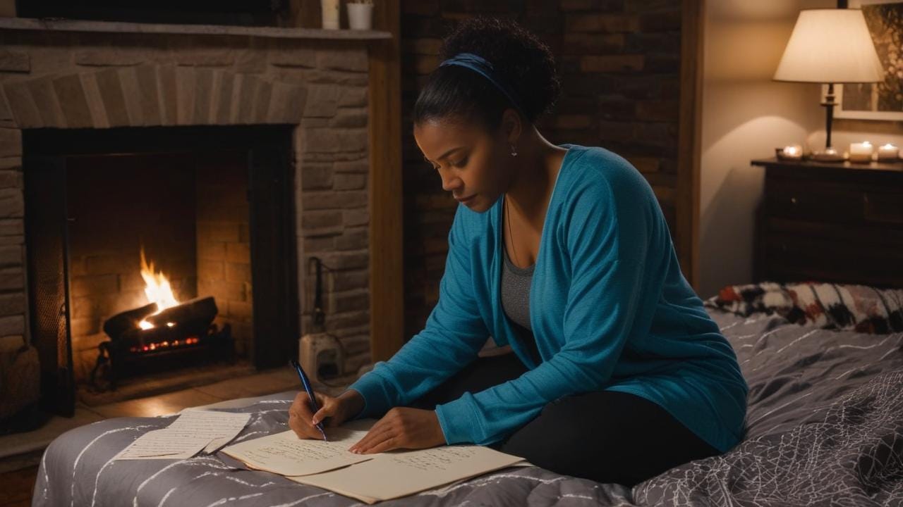 African American woman sitting in an urban  room sitting on the bed in her bedroom 
while writing a letter with a wintry rain night by fireplace Praying