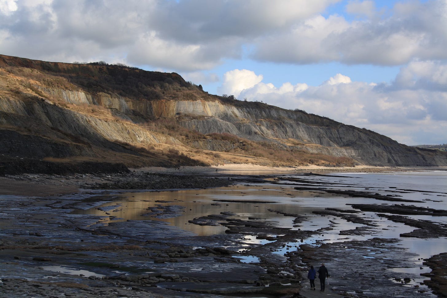 Photo of tide pool at Lyme Regis by John Stephen. Soft light bathes the cliffs, cutting a diagonal shadow across them. Nearer, calm water reflects the cliffs in shallows bounded by low mounds of earth that echoes in arcs as they rise slightly above the surface. Two tiny figures in the immediate foreground walk along the shore to give a sense of scale.