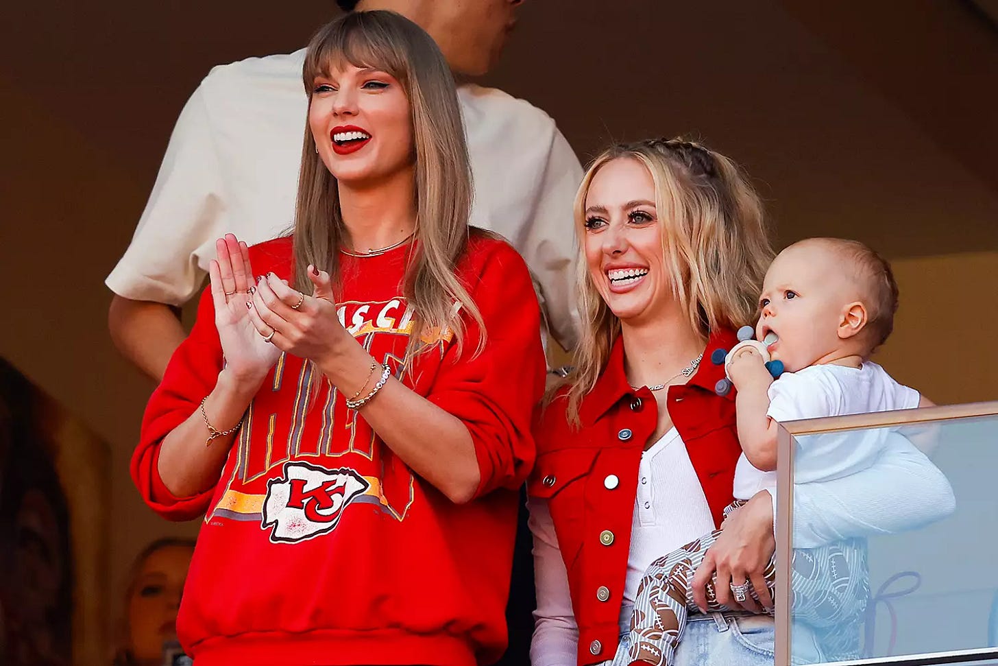 Taylor Swift and Brittany Mahomes look on during a game between the Los Angeles Chargers and Kansas City Chiefs at GEHA Field at Arrowhead Stadium on October 22, 2023 in Kansas City, Missouri.