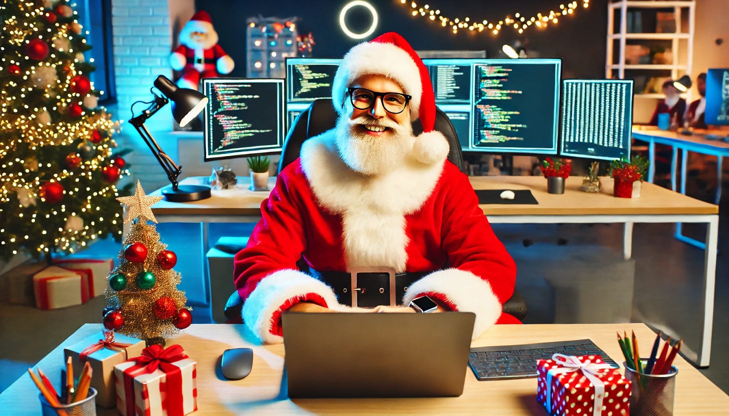 A cheerful Santa Claus sitting at a modern office desk, working on a sleek laptop in a vibrant tech office environment. Santa is wearing his classic red suit with white fur trim, but he also has a high-tech smartwatch and modern glasses. The desk is equipped with multiple monitors displaying coding, charts, and festive designs. Behind him, the office is decorated with holiday lights, a small Christmas tree, and tech gadgets like robots and drones. The atmosphere is professional yet festive and joyful.
