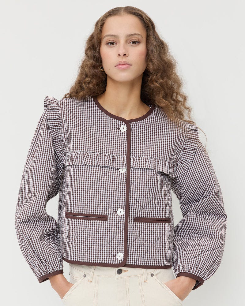 Winslet Quilted Jacket in dark brown gingham quilted cotton and Winona Denim Pant in natural denim.
