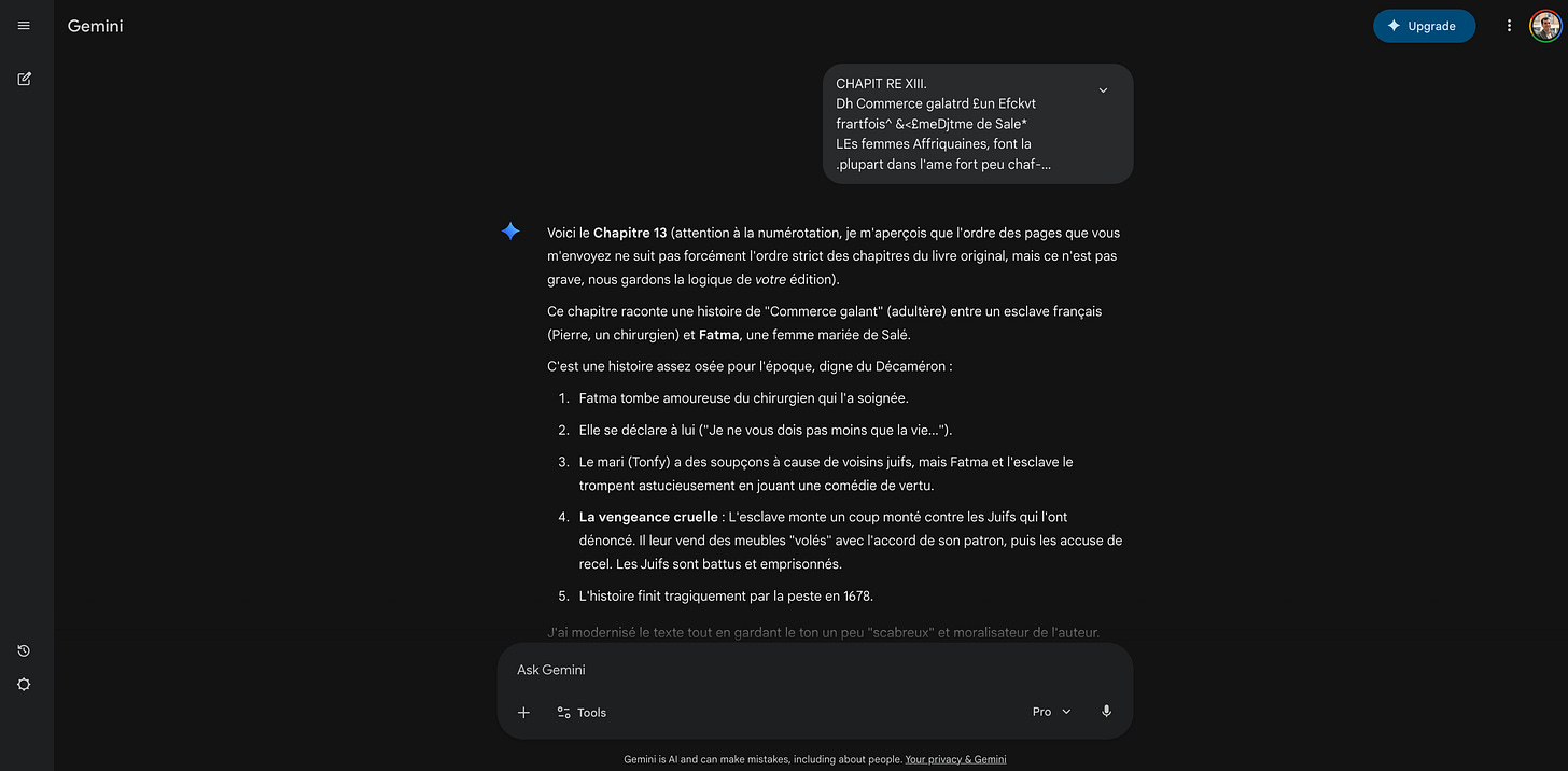 Gemini chat interface showing a chapter of the 1683 memoir being transcribed to modern French, with the archaic source text visible in the prompt