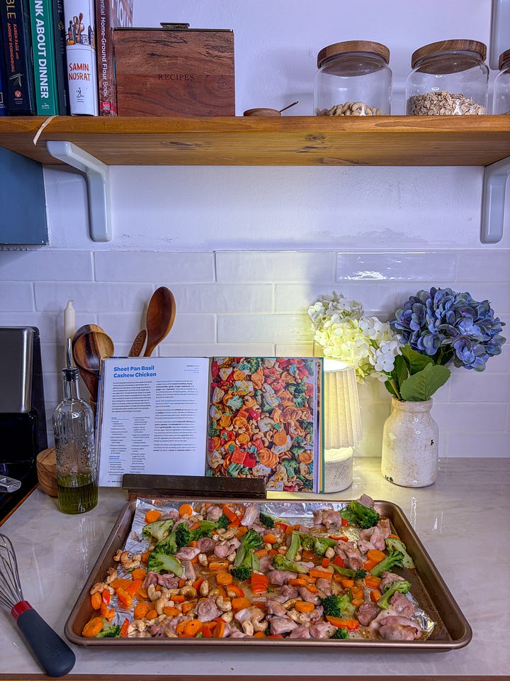 sheet pan dinner in kitchen