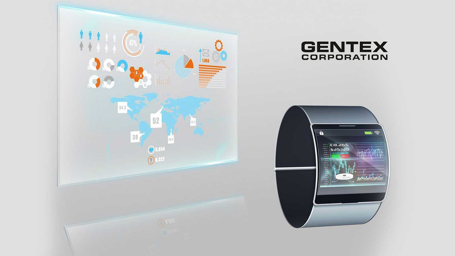 Bracelete ingeligente exibindo graficos e um painel holografico com informaçoes na frente