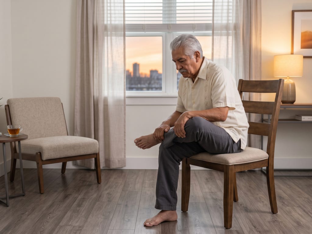 Elderly man doing the seated figure 4 stretch in his home before bedtime.