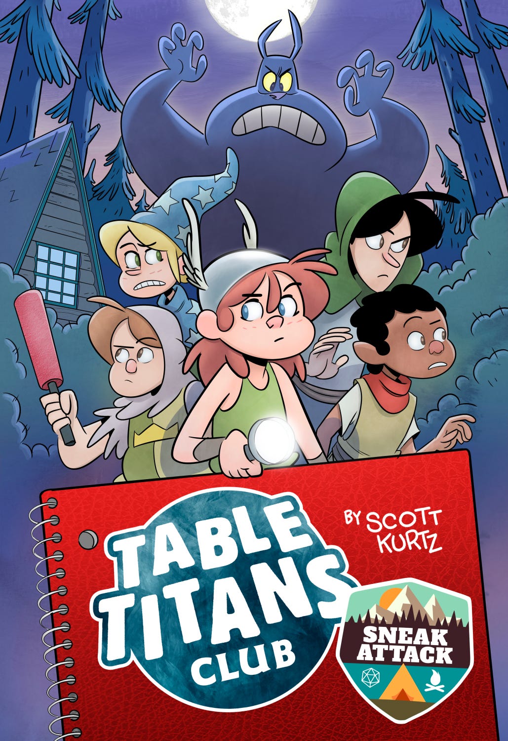 Image of the cover for Table Titans Club: Sneak Attack. The kids are all in larp costumes. Behind them a dark woods, cabin and ominous figure looming in the backgroun