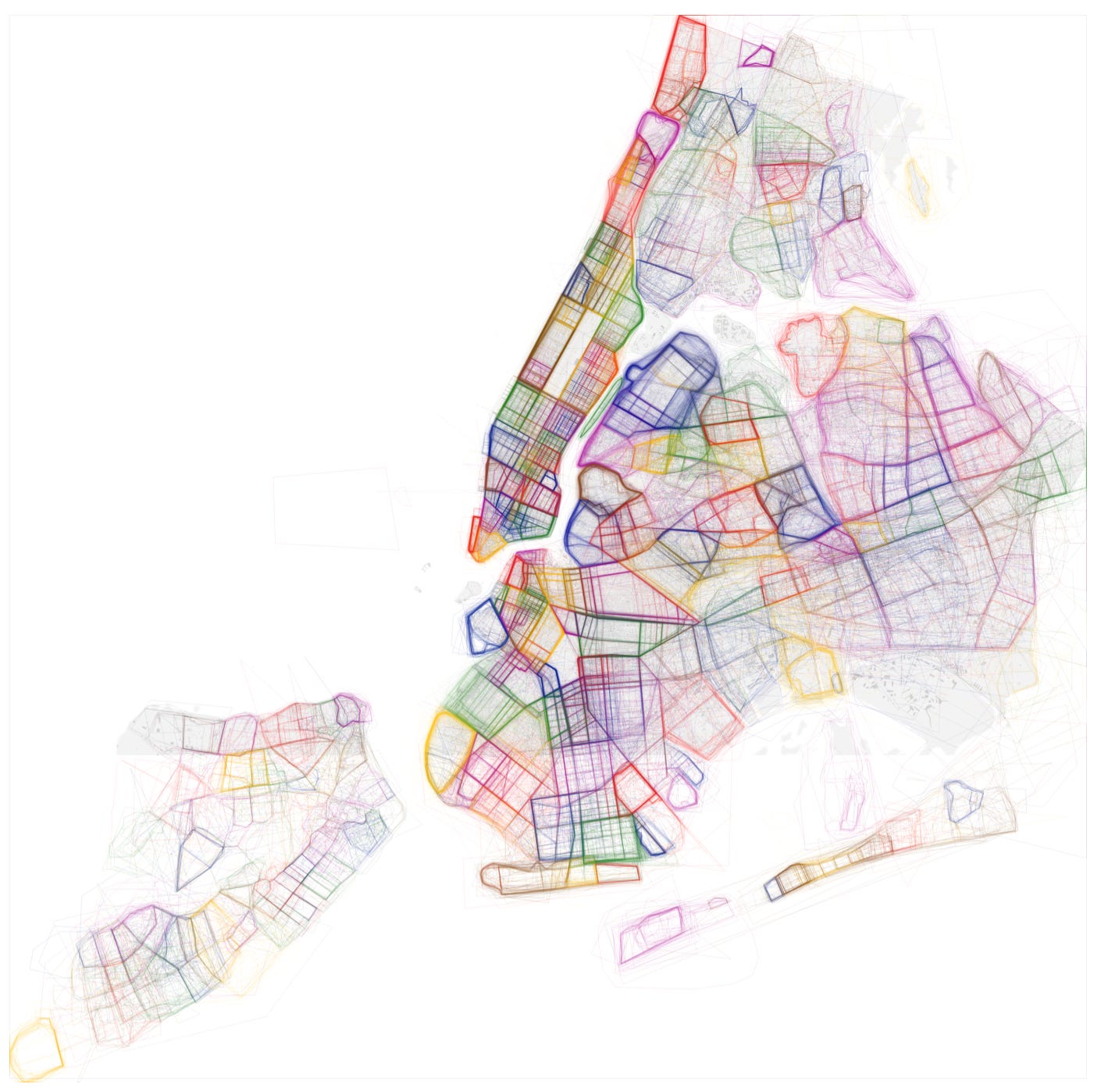 Map of NYC with colored lines indicating neighborhood borders Map of NYC with colored lines indicating neighborhood borders