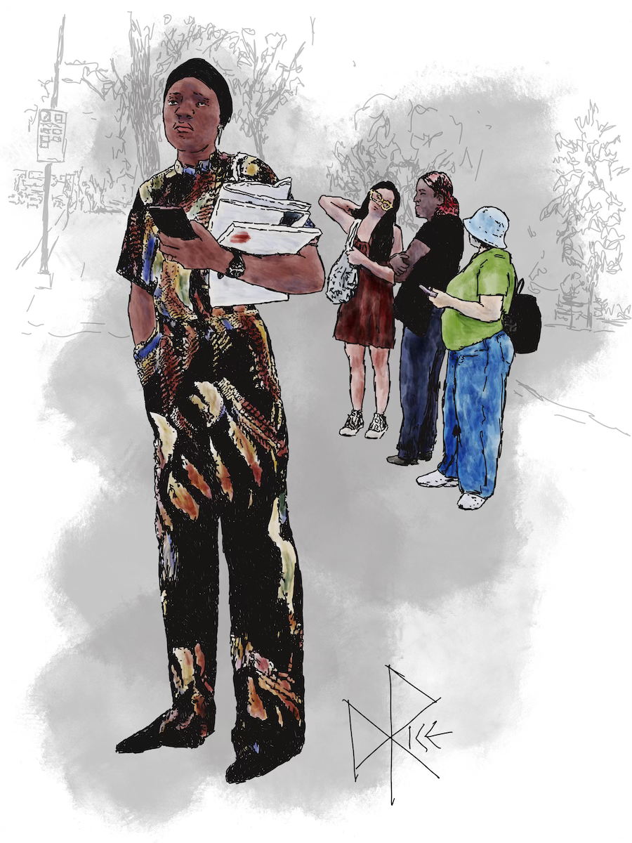 A woman stands in the foreground, dressed in a vibrant summer outfit and holding a bundle of papers in one arm, with others in the background also awaiting on the arrival of their bus. Sketch art by Don Rice. A woman stands in the foreground, dressed in a vibrant summer outfit and holding a bundle of papers in one arm, with others in the background also awaiting on the arrival of their bus. Sketch art by Don Rice.