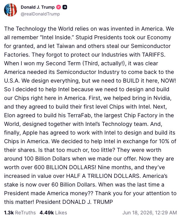 Trump says Apple has agreed to work with Intel to design and build chips in America. He also said Nvidia & Elon are working with Intel, and that the U.S. took a Trump says Apple has agreed to work with Intel to design and build chips in America. He also said Nvidia & Elon are working with Intel, and that the U.S. took a
