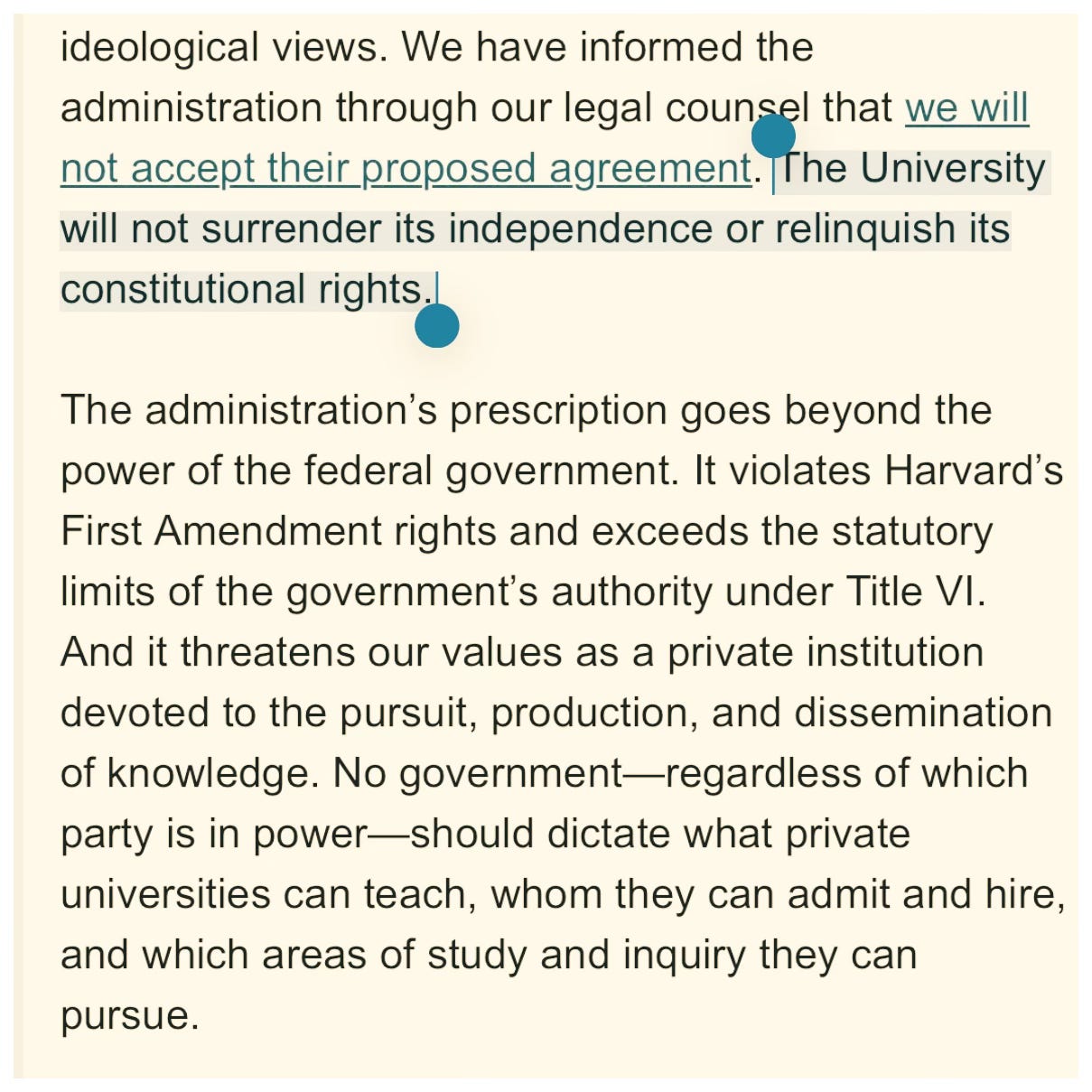 Excerpt of letter Harvard sent in response to administration demands