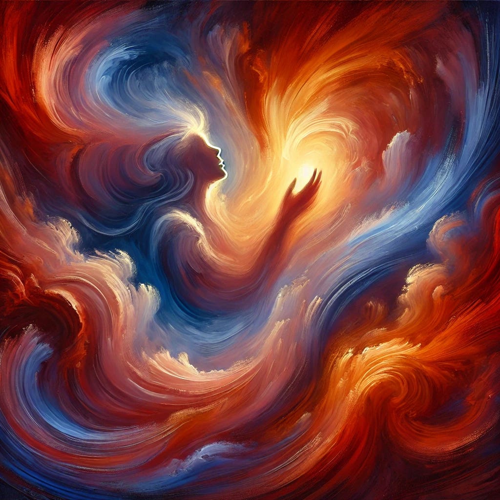 An abstract conceptual painting representing deep emotions—love, grief, and acceptance. Swirling, fluid shapes in warm reds and oranges blend with deep blues and purples, symbolizing passion and sorrow. Soft, glowing light emerges from the center, suggesting hope and transcendence. The brushstrokes are expressive, evoking movement and depth, creating a sense of emotional intensity. An abstract conceptual painting representing deep emotions—love, grief, and acceptance. Swirling, fluid shapes in warm reds and oranges blend with deep blues and purples, symbolizing passion and sorrow. Soft, glowing light emerges from the center, suggesting hope and transcendence. The brushstrokes are expressive, evoking movement and depth, creating a sense of emotional intensity.