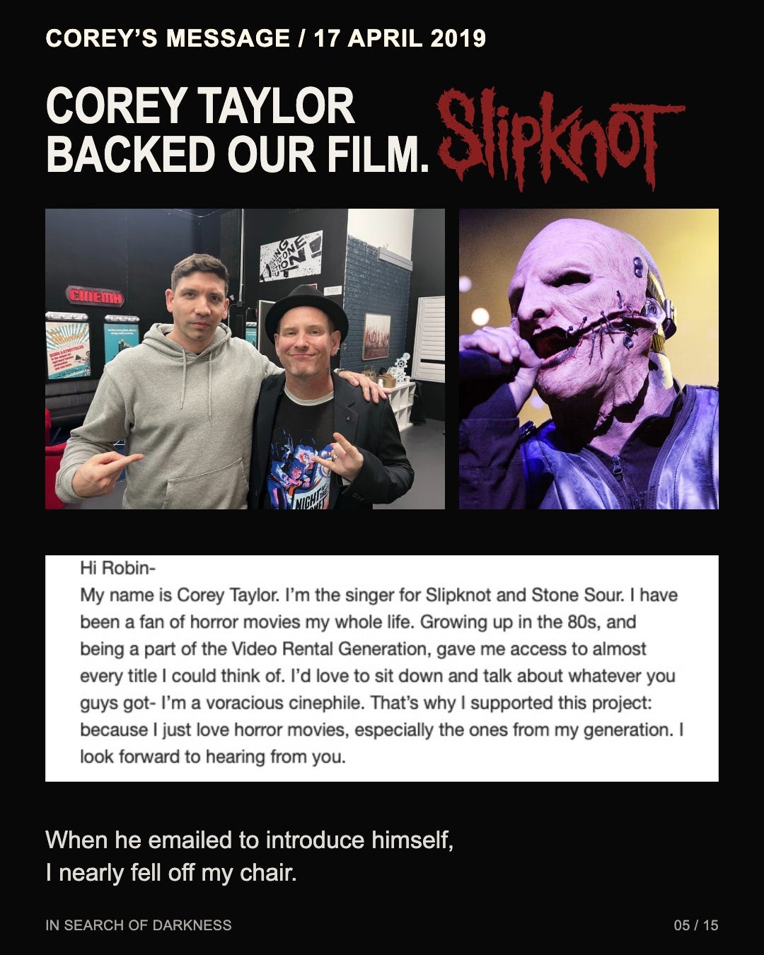 Corey Taylor’s introduction from April 2019, alongside our photograph together.