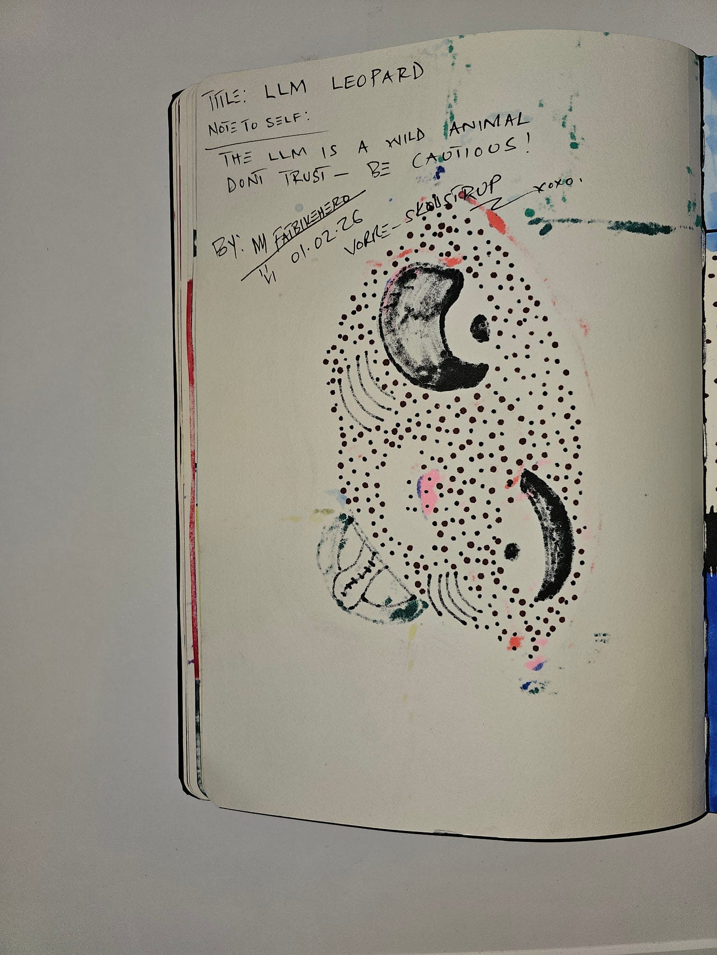 The reverse side of a sketchbook page with handwritten text by FatbikeHero. It reads: "TITLE: LLM LEOPARD... NOTE TO SELF: THE LLM IS A WILD ANIMAL DONT TRUST - BE CAUTIOUS!" The date 01.02.26 and location Vorup-Skødstrup are visible, overlaid on the bleed-through of the dots from the front.
