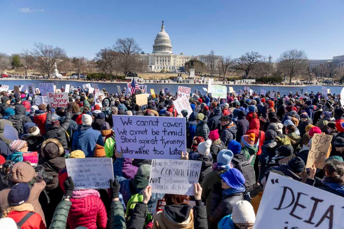 Thousands of people demonstrated at the Presidents Day protest against President Donald Trump and Elon Musk at the U.S. Capitol on Monday in Washington, D.C. Thousands of people demonstrated at the Presidents Day protest against President Donald Trump and Elon Musk at the U.S. Capitol on Monday in Washington, D.C.
