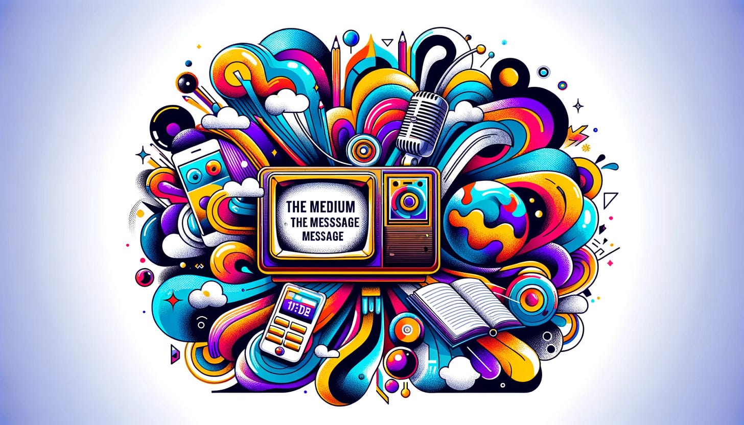 A vibrant and dynamic illustration for a Substack newsletter titled 'The Medium is the Message'. The image should feature a variety of communication mediums like a vintage television, a smartphone, a computer screen, and a book, all interconnected with flowing lines or waves of energy. These elements should be surrounded by abstract, colorful shapes and patterns to convey the idea of dynamic and impactful communication. The title 'The Medium is the Message' should be prominently displayed in a modern, bold font, integrated into the design. The overall style should be eye-catching and contemporary, suitable for a digital newsletter header.