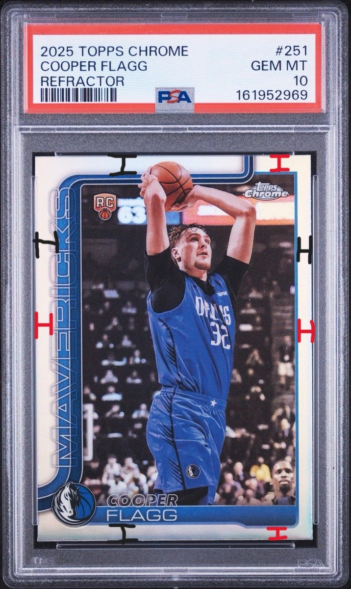 Example centering on 2025 Topps Chrome Cooper Flagg #251 PSA 10