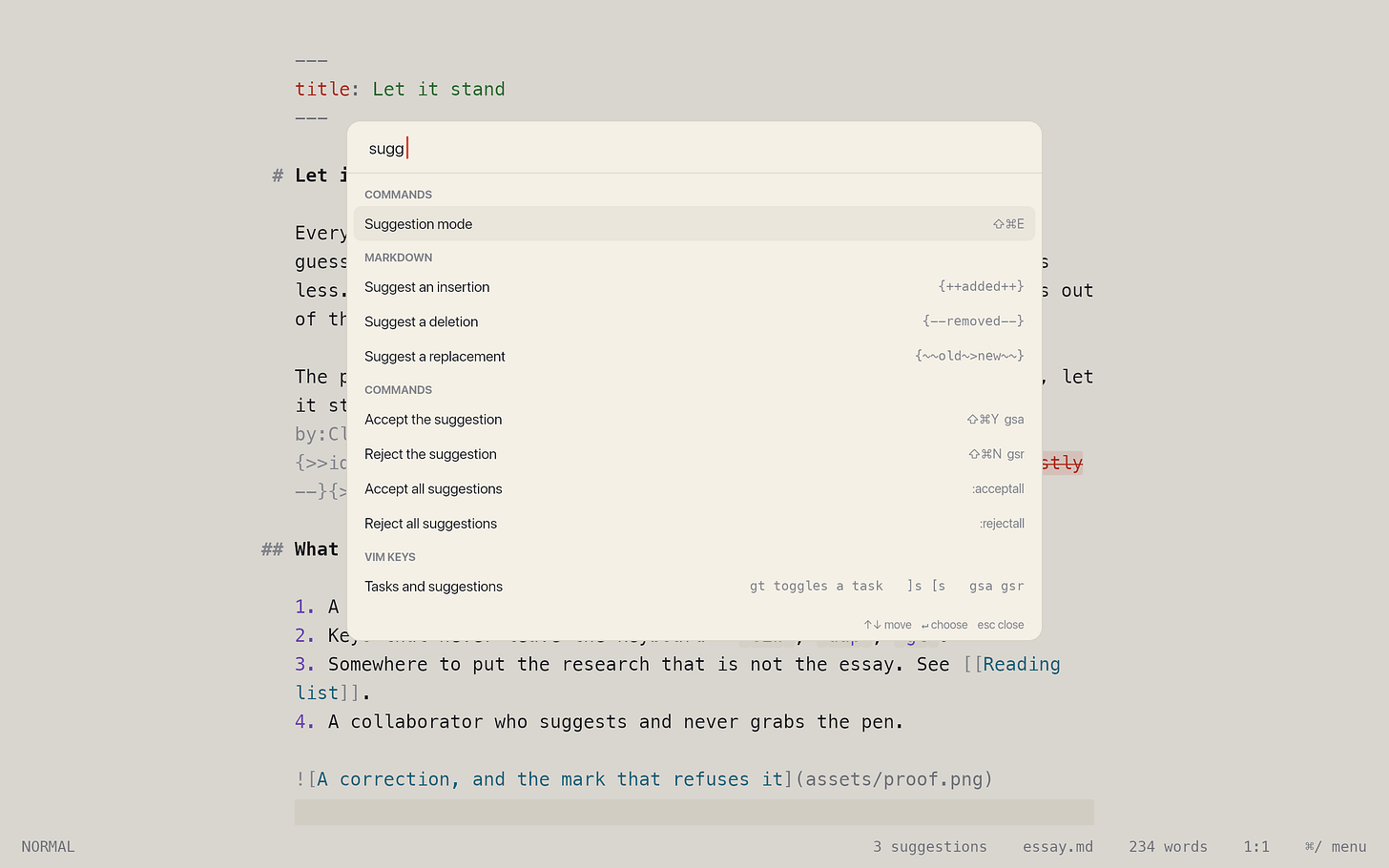 The command menu filtered by "sugg". The command menu filtered by "sugg".