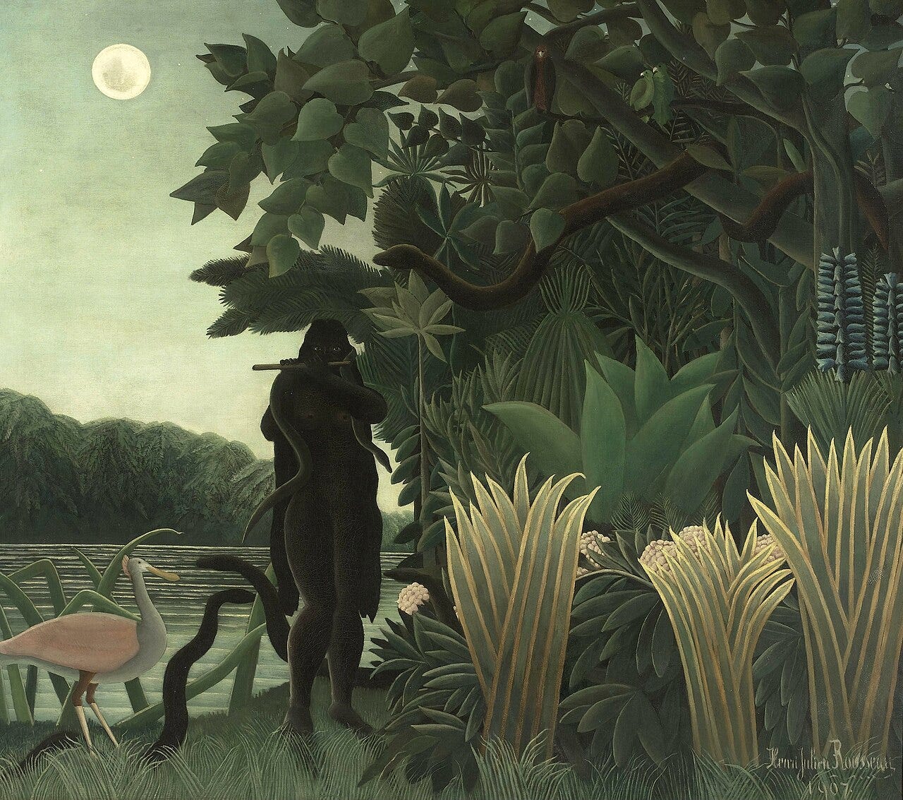 A dark figure playing a flute as snakes slide from a moonlit jungle