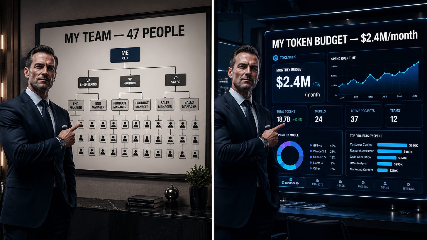 Manager compares a 47-person org chart with a $2.4M monthly token budget.