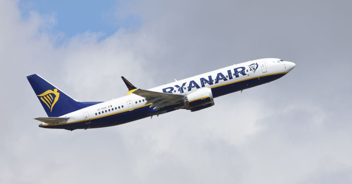 Photo: Drinu Cutajar / Pexels Ryanair airplane ascending in the sky, showcasing aviation and travel concepts.