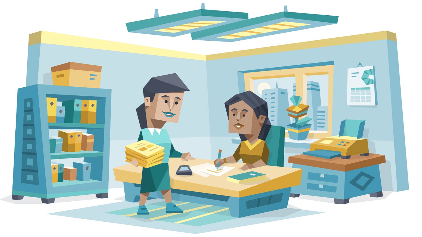 An ESFJ (Consul) woman delivering files to a coworker. She stands chatting with her while the coworker sits at a desk. The office is clean and organized, with a bookcase full of binders and a printer on a small table. An ESFJ (Consul) woman delivering files to a coworker. She stands chatting with her while the coworker sits at a desk. The office is clean and organized, with a bookcase full of binders and a printer on a small table.