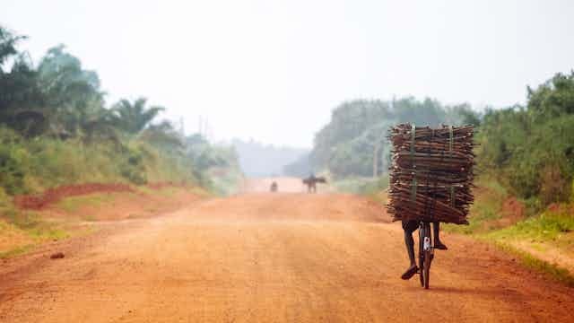 View from behind of a man on a bicycle on an unpaved road. The bike is piled high with firewood. View from behind of a man on a bicycle on an unpaved road. The bike is piled high with firewood.