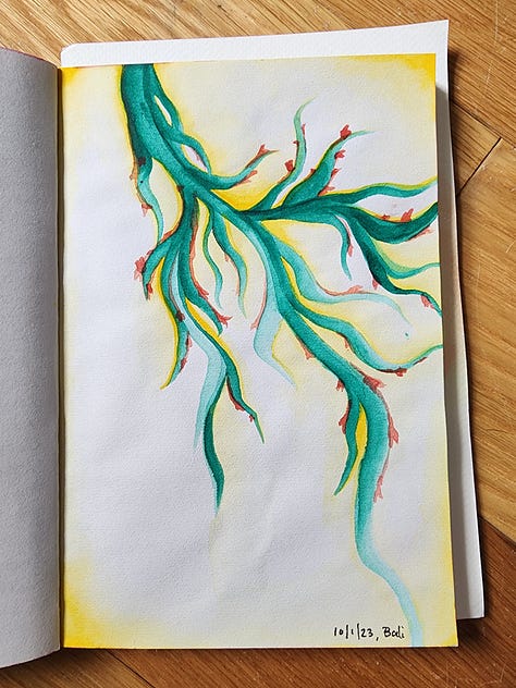 series of watercolor paintings in a sketchbook with flowers, roots, palm trees, and abstract artworks