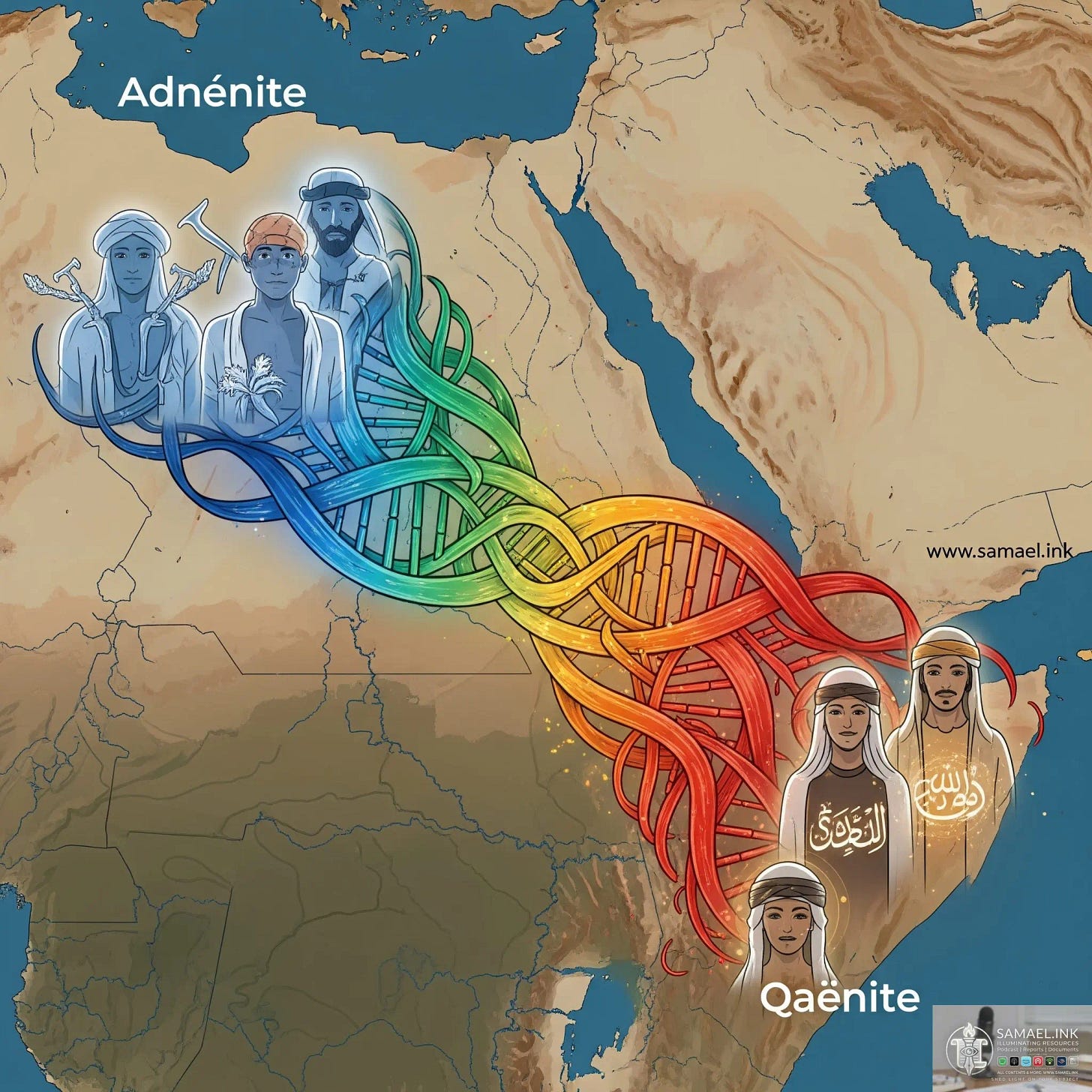 A detailed map of the Arabian Peninsula illustrating genetic distribution and migration. The map features labels for "Adnénite" in the north and "Qaënite" in the south. A stylized, twisted DNA double helix stretches between these two points, acting as a colorful gradient that shifts from cool blue tones in the north (near the Mediterranean) to warm red tones in the south. Along the helix, there are six human busts, all dressed in light-colored robes and head coverings. The four figures in the north are labeled as "Adnénite" and have serene expressions, with the two leftmost busts holding unique implements (like a small harpoon or staff). The two figures in the south, labeled "Qaënite," also have calm expressions, with subtle, decorative patterns (like stylized script) on their robes and in their halos. The watermark "www.samael.ink" is placed on the eastern side of the peninsula. A detailed map of the Arabian Peninsula illustrating genetic distribution and migration. The map features labels for "Adnénite" in the north and "Qaënite" in the south. A stylized, twisted DNA double helix stretches between these two points, acting as a colorful gradient that shifts from cool blue tones in the north (near the Mediterranean) to warm red tones in the south. Along the helix, there are six human busts, all dressed in light-colored robes and head coverings. The four figures in the north are labeled as "Adnénite" and have serene expressions, with the two leftmost busts holding unique implements (like a small harpoon or staff). The two figures in the south, labeled "Qaënite," also have calm expressions, with subtle, decorative patterns (like stylized script) on their robes and in their halos. The watermark "www.samael.ink" is placed on the eastern side of the peninsula.