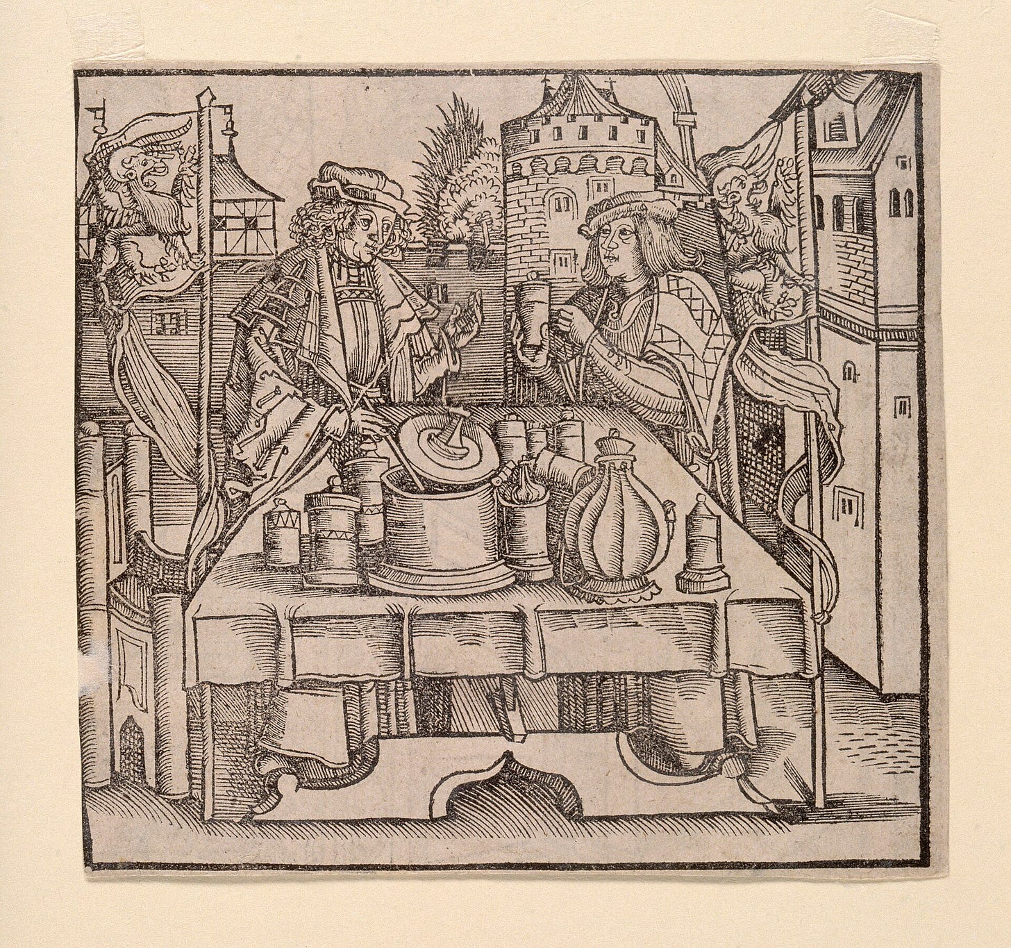 Woodcut of an apothecary publicly preparing theriac at a table of jars under a physician's supervision Woodcut of an apothecary publicly preparing theriac at a table of jars under a physician's supervision