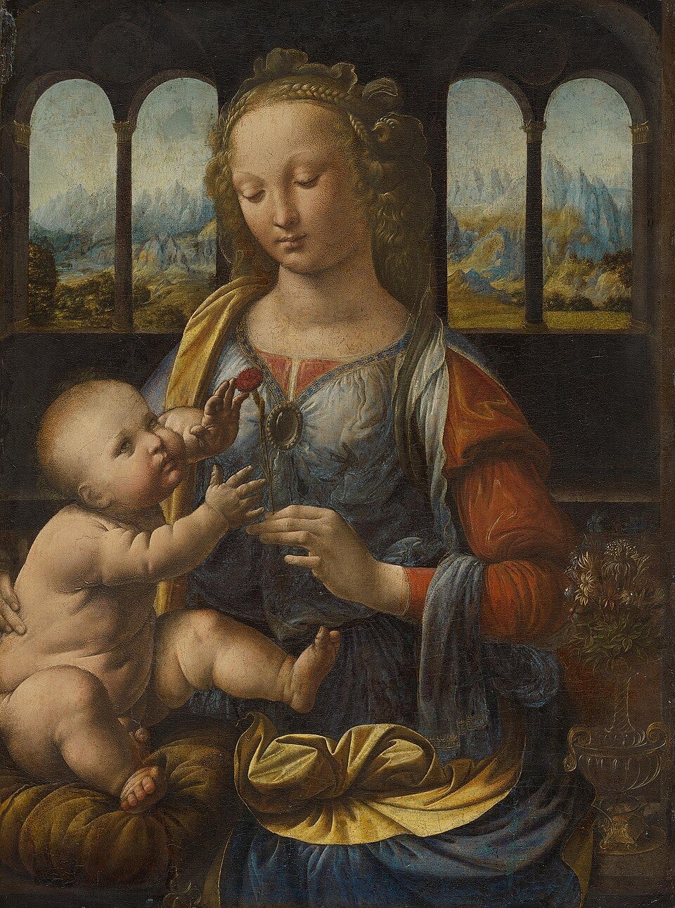 Cuadro de la Virgen del clavel de Leonardo da Vinci detallando los lujosos ropajes de María.