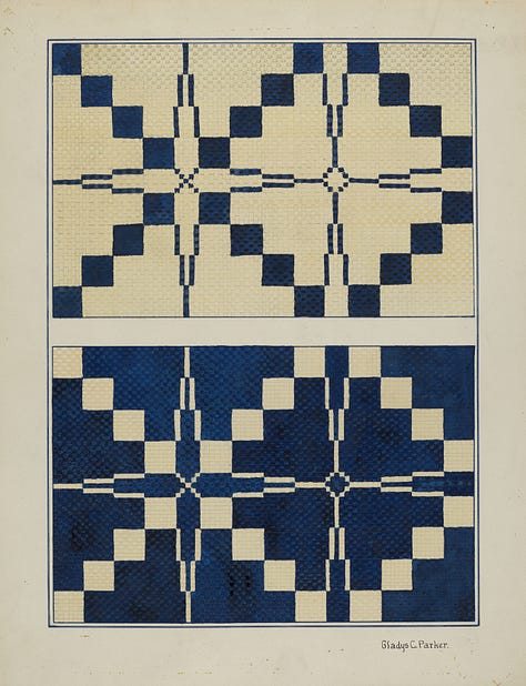 Een poster voor een expositie van de Index of American Design (1936) en drie van de werken uit die tijd. Met de klok mee: een ladekast, door Ferdinand Cartier; een oorbel, door Tulita Westfall; een geweven sprei, door Gladys C. Parker.