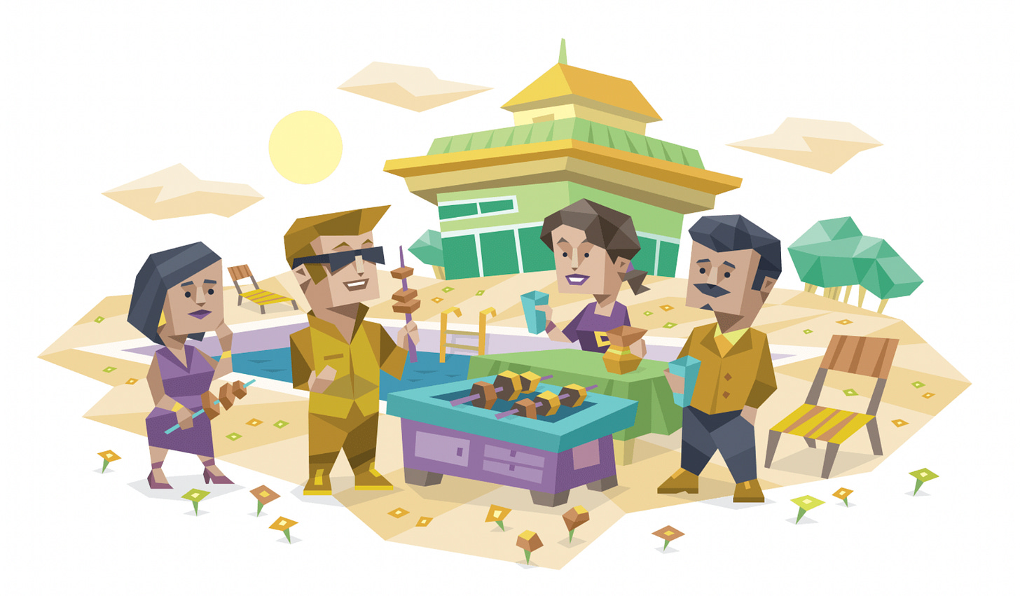 An ESTP (Entrepreneur) man holding kebab at hotel poolside barbecue. He stands with three strangers and is the center of attention while they all enjoy good food and conversation.