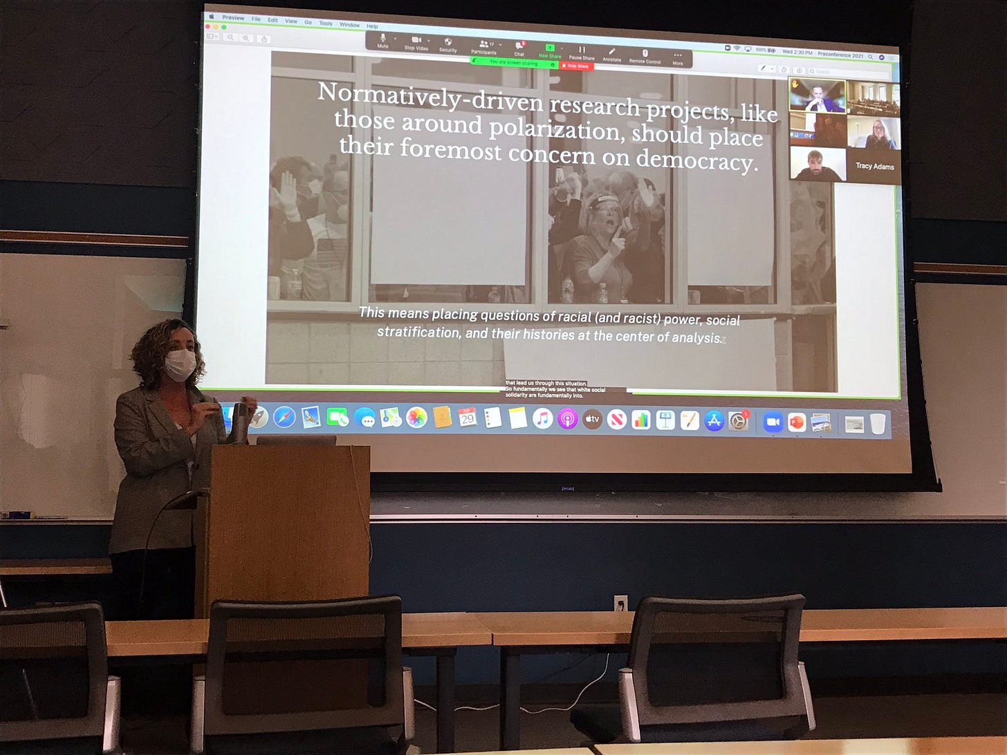 Shannon McGregor presenting a slide that reads "Normatively-driven research projects, like those around polarization, should center their foremost concern on democracy."