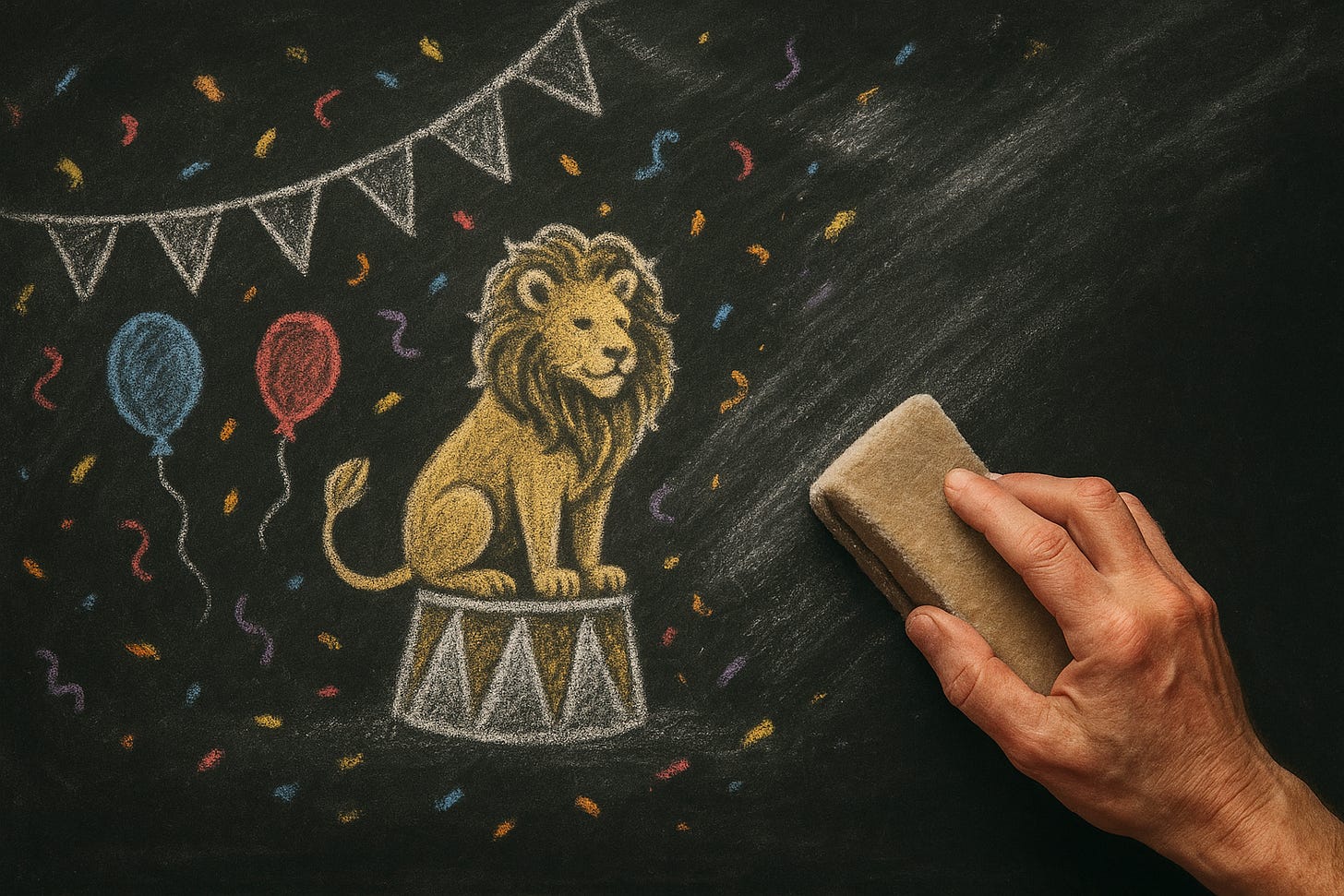 Colored chalk drawing on a blackboard showing a lion sitting on a circus pedestal surrounded by balloons and confetti, as a hand with an eraser begins wiping the artwork away — symbolizing endings and transition.