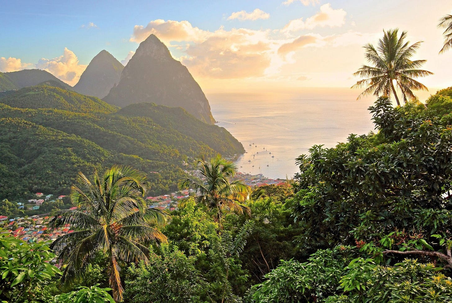 The view across Soufrière and the two Piton mountains in St. Lucia.