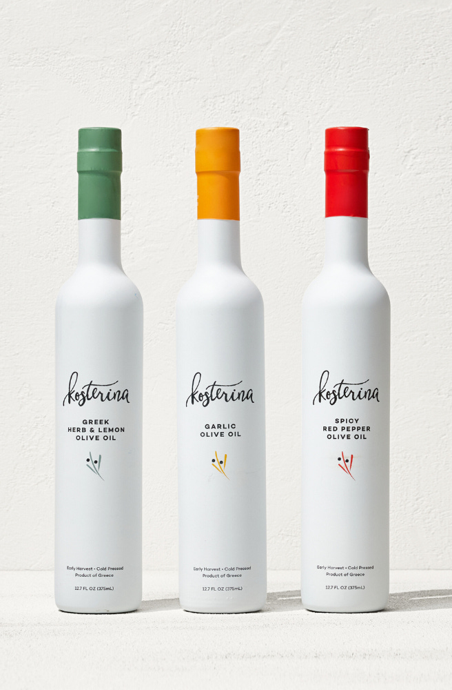 Trio of white Kosterina Olive Oil bottles on a white background