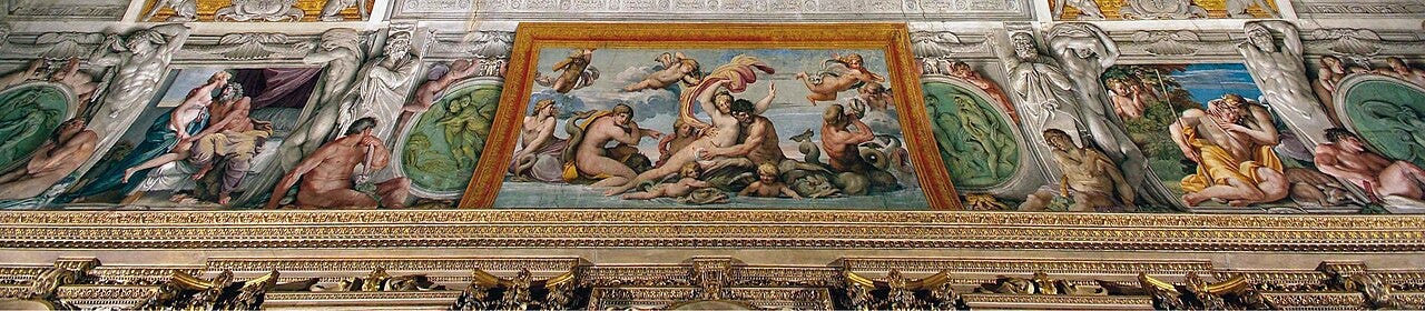 Painted gods tumbling across a false architecture Painted gods tumbling across a false architecture