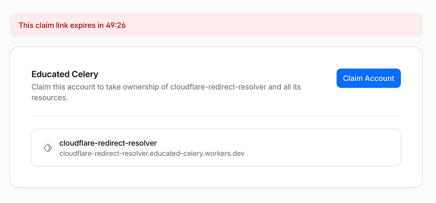 Screenshot of a Cloudflare account claim page. A red banner at top reads "This claim link expires in 49:26". Below, a card titled "Educated Celery" with the text "Claim this account to take ownership of cloudflare-redirect-resolver and all its resources." and a blue "Claim Account" button. A worker entry shows "cloudflare-redirect-resolver" with the URL "cloudflare-redirect-resolver.educated-celery.workers.dev".