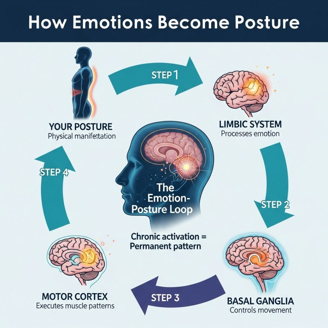 Four anatomical illustrations showing how childhood emotional wounds (betrayal, injustice, humiliation, abandonment) create distinct posture patterns and body structures through nervous system programming, with arrows indicating muscle compensation patterns