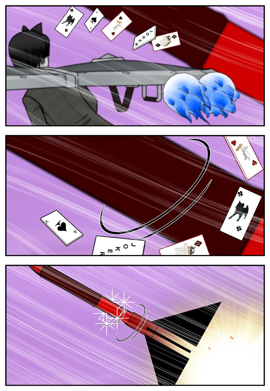 The five cards spin around the missile.