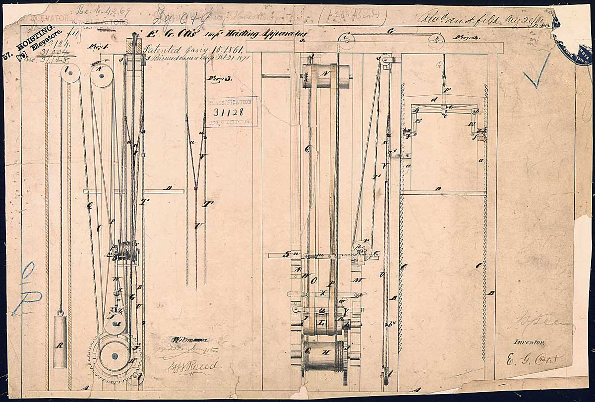 Elisha Otis's Elevator Patent Drawing, 1861.