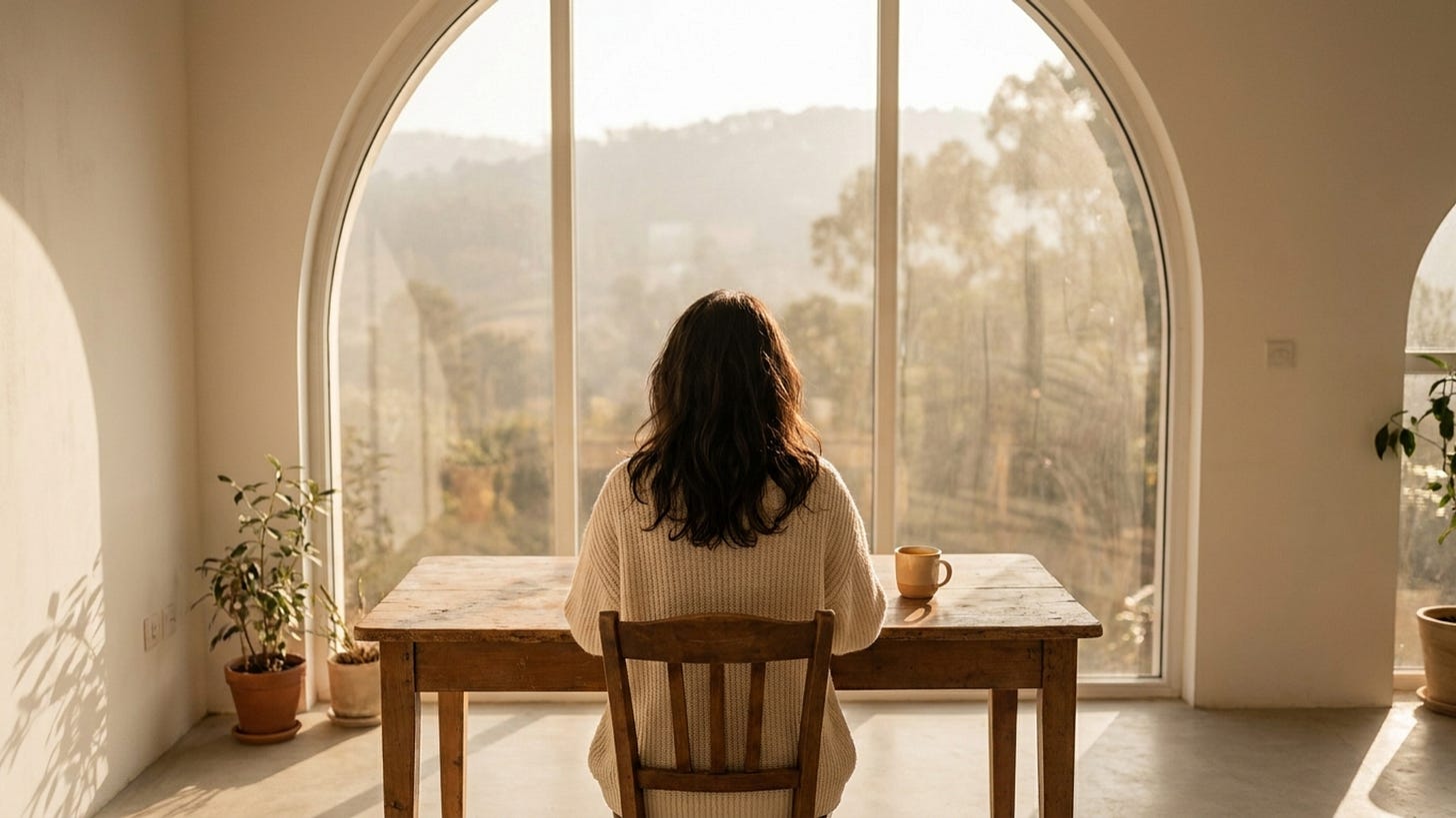 A woman sits at a wooden desk in early morning light, facing a vast window. Her back is to the camera. Warm golden light fills the room. A cup of tea rests on the desk. No screens, no phone, no clutter. A woman sits at a wooden desk in early morning light, facing a vast window. Her back is to the camera. Warm golden light fills the room. A cup of tea rests on the desk. No screens, no phone, no clutter.