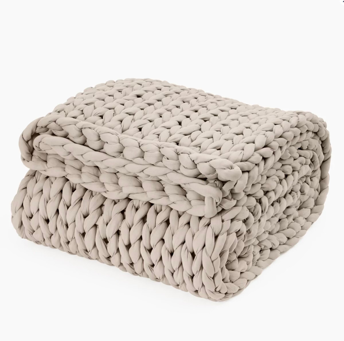 Bearaby Cotton Napper weighted blanket in Driftwood, folded to show its chunky hand-knit texture
