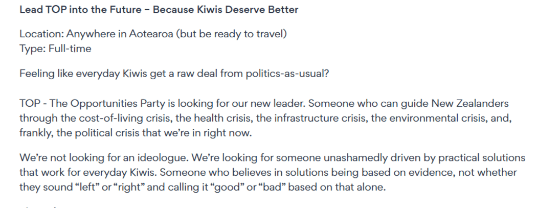The Opportunities Party is looking for a new leader, and has taken to Seek to find one. The Opportunities Party is looking for a new leader, and has taken to Seek to find one.