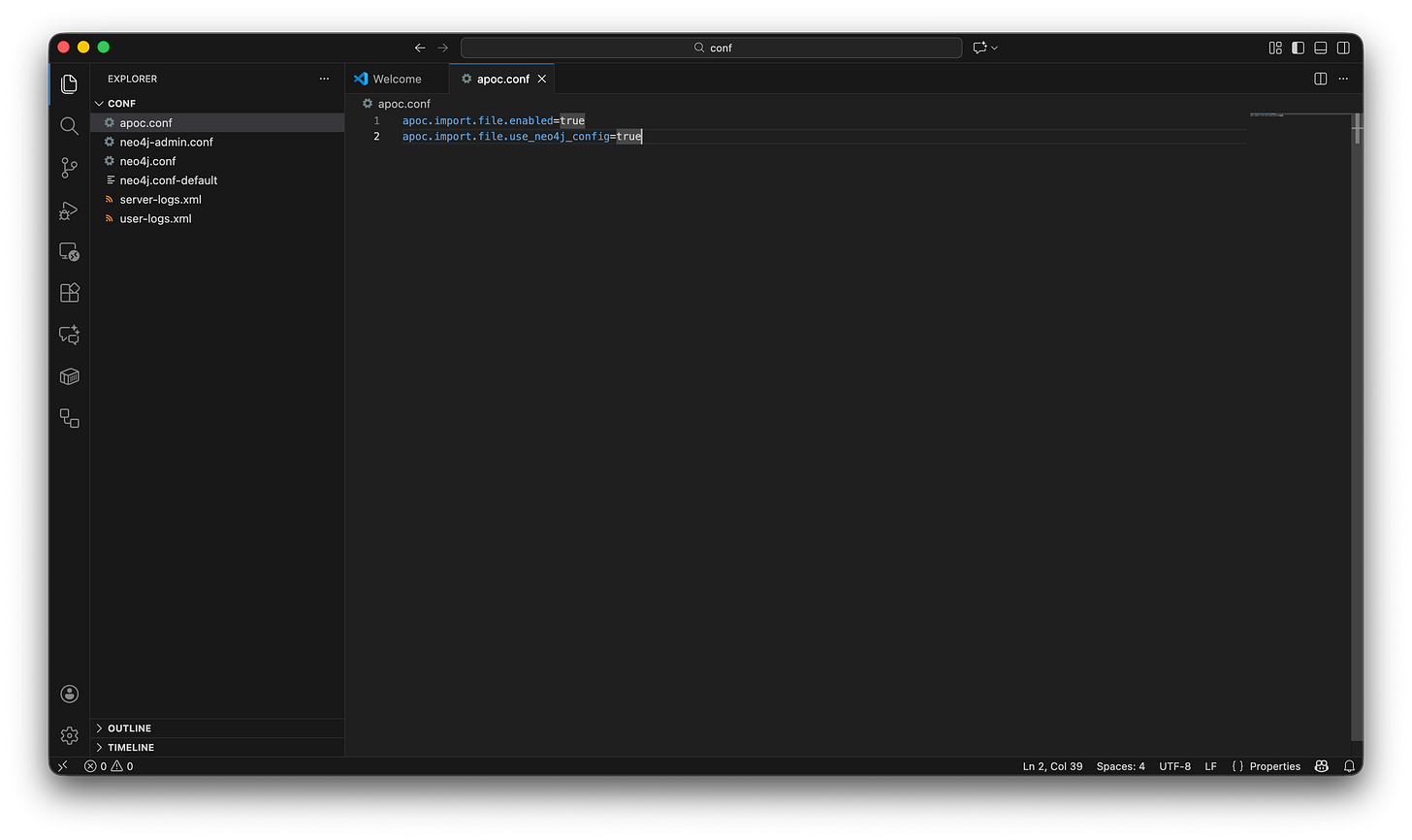 A screenshot of Visual Studio Code showing the creation of a new file named apoc.conf, with code enabling file imports and configuration usage to bypass default security restrictions.