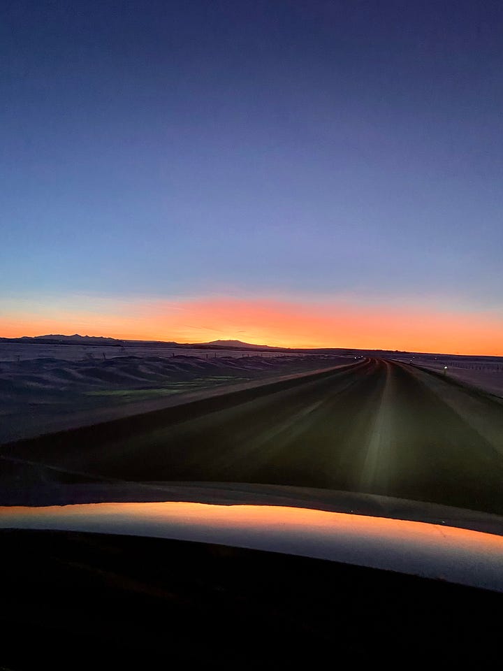 1. The second mug, which I liked because it reminded me of the beautiful sunrise we saw in Iceland, 2. the actual sunrise we were driving towards in Iceland.