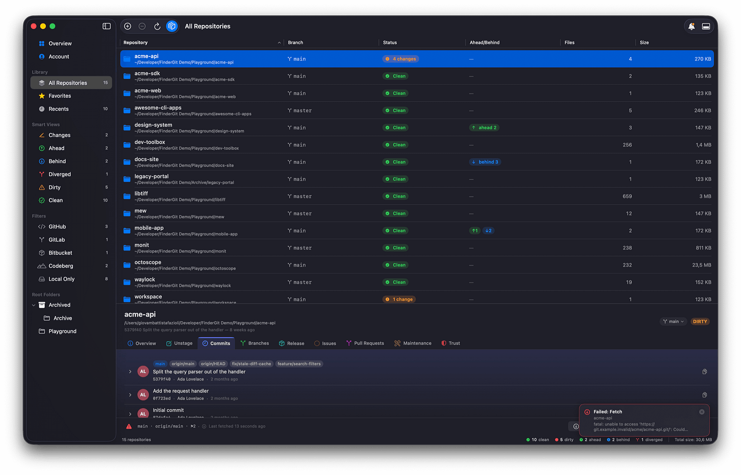 A fetch that failed reporting itself in the corner with git's own message, while the bell in the toolbar carries the unread badge A fetch that failed reporting itself in the corner with git's own message, while the bell in the toolbar carries the unread badge
