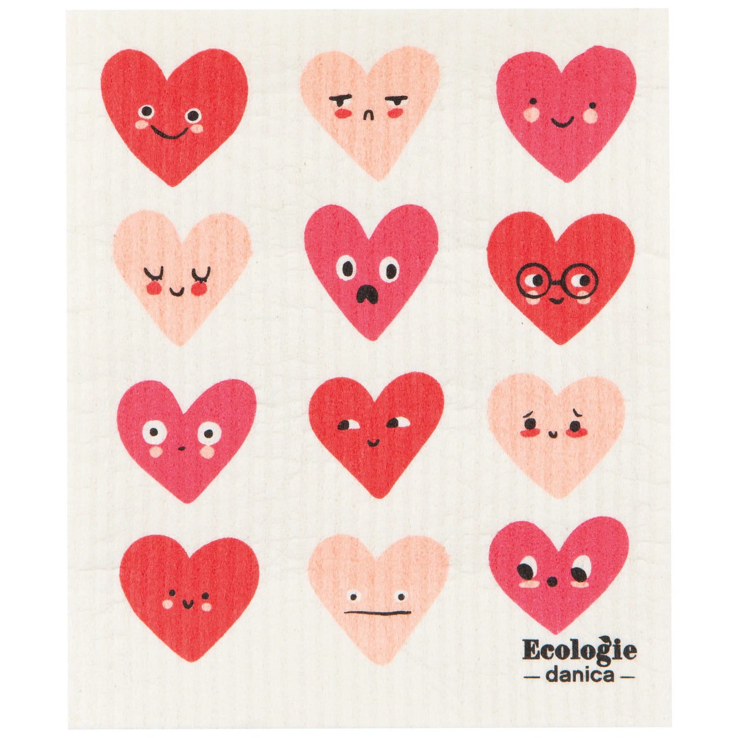 A rectangular dish cloth patterned with twelve cartoon heart faces in red, pink, and peach tones, each with a different expression (happy, annoyed, sleepy, surprised, wearing glasses, winking, etc.), branded "Ecologie danica" in the corner.