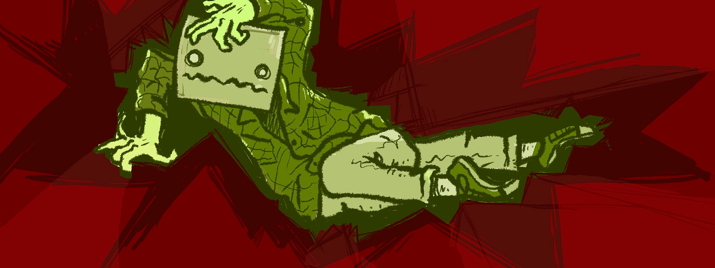 Illustration of a person with a box head being uncomfortably crushed by sharp, abstract red shapes. They look unhappy.